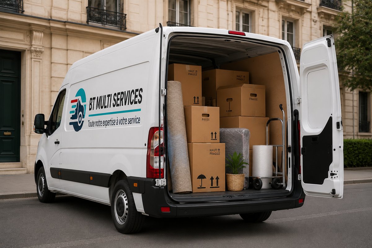 Camion BT Multi Services ouvert, cartons de déménagement